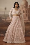 Buy_Sabe_Pink Net Sequins, Pearls, Embroidery V-neck Mehr Hand Lehenga Set _at_Aza_Fashions