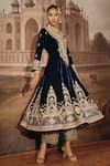 Buy Sabe Navy Velvet Embroidery, Metallic Thread Split V-neck Meher Anarkali And Pant Set at Aza Fashions Buy_Sabe_Navy Velvet Embroidery, Metallic Thread Split V-neck Meher Anarkali And Pant Set _at_Aza_Fashions