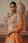 Sabe_Orange Silk, Net Mirrors, Zari, Beads, Pearls, Sequins, Kesar Motif Lehenga Set _Online_at_Aza_Fashions