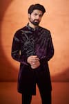Millionaire Wine Velvet Stones, Embroidery Handcrafted Work Sherwani Set Online at Aza Fashions Millionaire_Wine Velvet Stones, Embroidery Handcrafted Work Sherwani Set _Online_at_Aza_Fashions