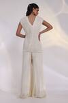 Shop_Smriti By Anju Agarwal_Off White Chinon, Silk Beads Bandeau Stellar Corded Pleat Fall Jacket And Pant Set _at_Aza_Fashions