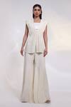 Buy_Smriti By Anju Agarwal_Off White Chinon, Silk Beads Bandeau Stellar Corded Pleat Fall Jacket And Pant Set _at_Aza_Fashions