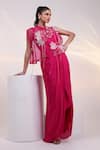 Buy_Smriti By Anju Agarwal_Pink Chinon Applique, Beads Round Neck, Collared Petal Strings Gown With Cape _at_Aza_Fashions