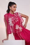 Shop_Smriti By Anju Agarwal_Pink Chinon Applique, Beads Round Neck, Collared Petal Strings Gown With Cape _Online_at_Aza_Fashions