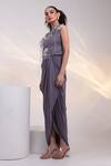 Buy_Smriti By Anju Agarwal_Grey Chinon V-neck, Collared Petal Strings Gown With Cape _Online_at_Aza_Fashions
