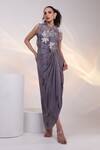Buy_Smriti By Anju Agarwal_Grey Chinon V-neck, Collared Petal Strings Gown With Cape _at_Aza_Fashions