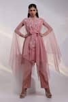 Buy_Smriti By Anju Agarwal_Pink Silk Beads, Applique V-, Open Nyra Work Cape And Kurta Set _at_Aza_Fashions