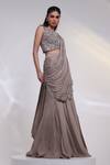 Buy_Smriti By Anju Agarwal_Grey Chinon, Silk Applique, Beads, Ash Grace Pre-draped Saree With Blouse _Online_at_Aza_Fashions
