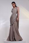 Shop_Smriti By Anju Agarwal_Grey Chinon, Silk Applique, Beads, Ash Grace Pre-draped Saree With Blouse _Online_at_Aza_Fashions