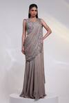 Buy_Smriti By Anju Agarwal_Grey Chinon, Silk Applique, Beads, Ash Grace Pre-draped Saree With Blouse _at_Aza_Fashions