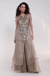 Buy_Smriti By Anju Agarwal_Grey Tissue, Organza Embroidery, Tassels Auric Geometric Kaftan Palazzo Set _at_Aza_Fashions