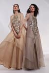 Buy_Smriti By Anju Agarwal_Grey Tissue, Organza Embroidery, Tassels Auric Geometric Kaftan Palazzo Set 