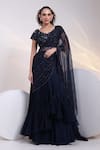 Buy_Smriti By Anju Agarwal_Navy Organza, Chinon, Modal, Satin Starfall Ruffle Pre-draped Saree With Blouse _at_Aza_Fashions
