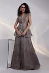 Buy_Smriti By Anju Agarwal_Grey Organza, Taffeta, Chinon Celeste Grace Peplum Jacket And Pleated Skirt Set _at_Aza_Fashions