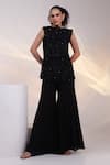 Buy_Smriti By Anju Agarwal_Black Crepe, Chinon Fabric Flowers, Pearls, Beads Blackonaze Cape And Pant Set _at_Aza_Fashions