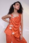 Shop Smriti By Anju Agarwal Orange Satin, Chinon Applique Cowl Neck Petal Cascade Top And Ruched Palazzo Set Online at Aza Fashions Shop_Smriti By Anju Agarwal_Orange Satin, Chinon Applique Cowl Neck Petal Cascade Top And Ruched Palazzo Set _Online_at_Aza_Fashions