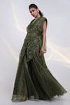 Buy_Smriti By Anju Agarwal_Green Crepe, Tissue V-, Open Olive Luxe Embroidered Cape Sharara Set _Online_at_Aza_Fashions