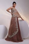 Smriti By Anju Agarwal_Brown Crepe, Chinon Beads, Embroidery Lumpi Floral Cape And Layered Skirt Set _Online_at_Aza_Fashions