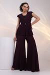 Buy_Smriti By Anju Agarwal_Black Chinon, Silk Beads, Crystals V-neck Merlot Pleated Jacket Pant Co-ord Set _at_Aza_Fashions