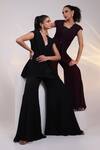 Shop Smriti By Anju Agarwal Black Chinon, Silk Beads V-neck Stellar Corded Pleat Fall Jacket And Pant Set Shop_Smriti By Anju Agarwal_Black Chinon, Silk Beads V-neck Stellar Corded Pleat Fall Jacket And Pant Set