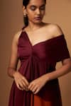 Buy_Vedika M_Maroon Satin One Shoulder, V-neck Abstract Print Dress _Online_at_Aza_Fashions