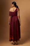 Shop_Vedika M_Maroon Satin One Shoulder, V-neck Abstract Print Dress _at_Aza_Fashions