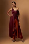 Buy_Vedika M_Maroon Satin One Shoulder, V-neck Abstract Print Dress _at_Aza_Fashions