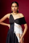 Vedika M_Black Satin One Shoulder, V-neck And White Abstract Print Dress _at_Aza_Fashions