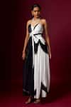 Shop_Vedika M_Black Satin V-, Sweetheart And White Abstract Print Strap Dress _Online_at_Aza_Fashions