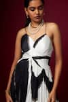 Vedika M_Black Satin V-, Sweetheart And White Abstract Print Strap Dress _at_Aza_Fashions