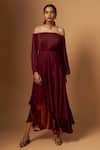 Buy_Vedika M_Maroon Satin Off-shoulder Layered Dress _Online_at_Aza_Fashions