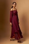 Shop_Vedika M_Maroon Satin Off-shoulder Layered Dress _Online_at_Aza_Fashions