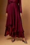 Vedika M_Maroon Satin Off-shoulder Layered Dress _at_Aza_Fashions
