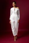 Vedika M_White Satin Asymmetric, Keyhole Neck Classic Drop Shoulder Jumpsuit _at_Aza_Fashions