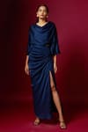 Vedika M_Blue Satin Cowl Neck, Top And Draped Skirt Set _Online_at_Aza_Fashions