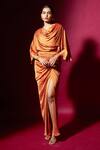 Buy Vedika M Orange Satin Cowl Neck Top And Draped Skirt Set at Aza Fashions Buy_Vedika M_Orange Satin Cowl Neck Top And Draped Skirt Set _at_Aza_Fashions