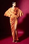 Shop Vedika M Orange Satin Cowl Neck Top And Draped Skirt Set Online at Aza Fashions Shop_Vedika M_Orange Satin Cowl Neck Top And Draped Skirt Set _Online_at_Aza_Fashions