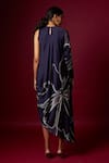 Shop_Vedika M_Blue Satin Round Neck Abstract Print Draped Dress _at_Aza_Fashions
