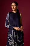 Shop_Vedika M_Blue Satin Round Neck Abstract Print Draped Dress _Online_at_Aza_Fashions