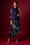 Buy_Vedika M_Blue Satin Round Neck Abstract Print Draped Dress _at_Aza_Fashions