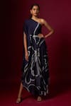 Buy_Vedika M_Blue Satin One Shoulder Abstract Print Draped Dress _at_Aza_Fashions