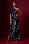 Vedika M_Blue Satin One Shoulder Abstract Print Draped Dress _Online_at_Aza_Fashions