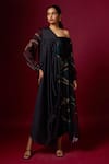 Vedika M_Multi Color Satin Asymmetric, V-neck Abstract Print Draped Dress _Online_at_Aza_Fashions