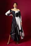 Buy Vedika M Black Satin Off-shoulder Abstract Print Wide Neck Draped Dress at Aza Fashions Buy_Vedika M_Black Satin Off-shoulder Abstract Print Wide Neck Draped Dress _at_Aza_Fashions