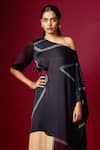 Buy_Vedika M_Multi Color Satin Asymmetric, One Shoulder Abstract Print Drop Draped Dress _Online_at_Aza_Fashions