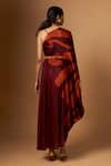 Shop_Vedika M_Maroon Satin V-neck, Asymmetric Abstract Print V Draped Dress _at_Aza_Fashions