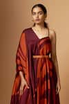 Vedika M_Maroon Satin V-neck, Asymmetric Abstract Print V Draped Dress _at_Aza_Fashions