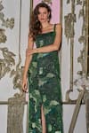 Dash And Dot_Green Polyester Sequins, Beads Square Neck Work Gown _at_Aza_Fashions