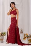 Shop_Damoiselle_Red Net, Shantoon, Georgette Sequins, Beads Gulzaar Embroidered Pencil Skirt Set _Online_at_Aza_Fashions