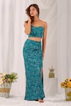 Shop_Damoiselle_Teal Net, Shantoon, Georgette Sequins, Aqua Serene Embroidered Pencil Skirt Set _Online_at_Aza_Fashions